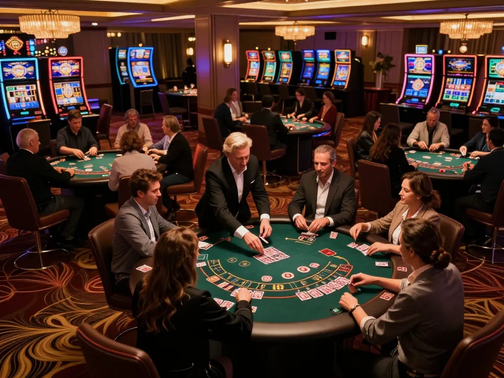 Players engaged at OPEN88 blackjack table in vibrant casino setting, showcasing strategic gameplay.