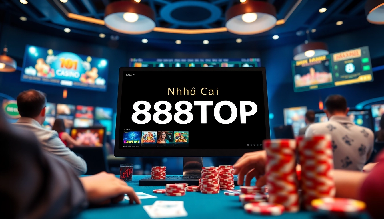 Engaging virtual gambling scene featuring Nhà Cái 888TOP, showcasing online games and a modern interface.