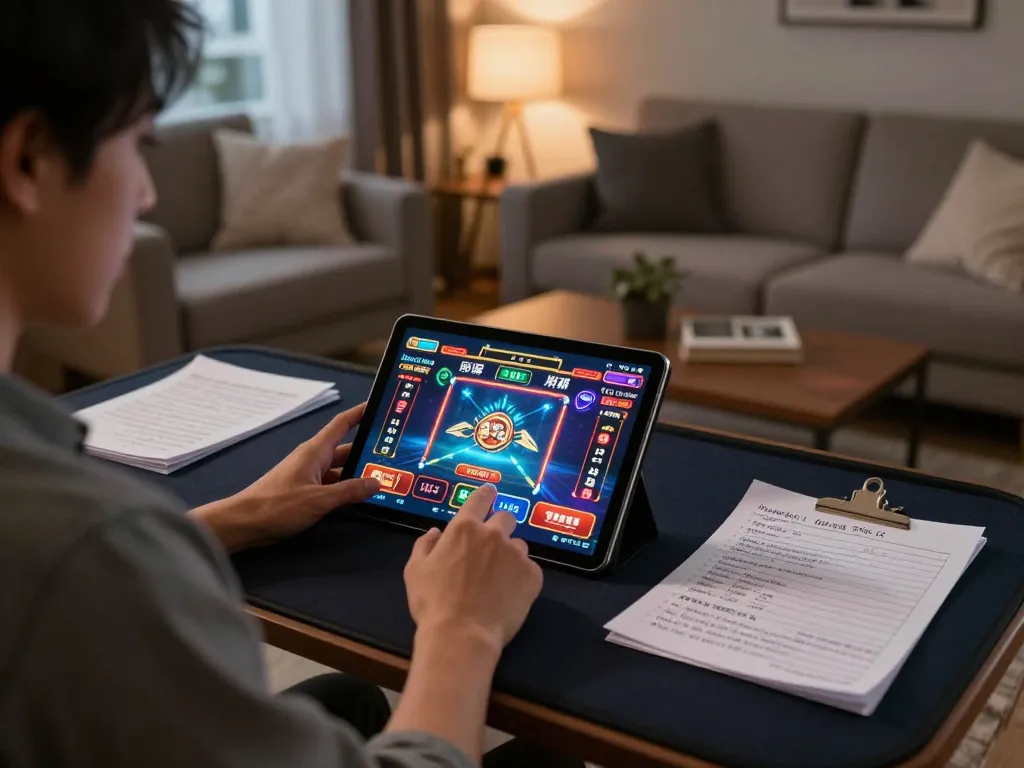 Person enjoying casino games on a tablet, focusing on ALO8 PRO gameplay and strategic betting notes.