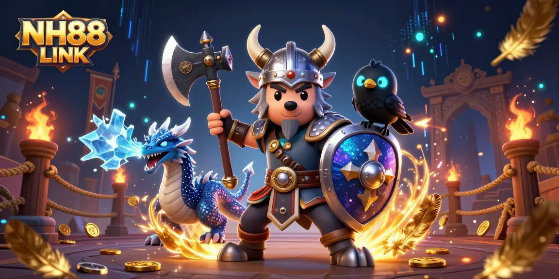 Engage with thrilling NH88 LINK gaming action, featuring a Viking warrior, fierce dragon, and raven amidst dynamic casino elements.