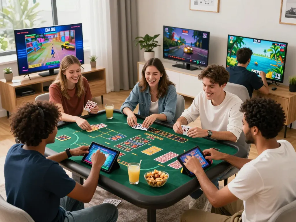 Engaging community scene at DA 88 with users enjoying various online games, showcasing the diverse entertainment platform.