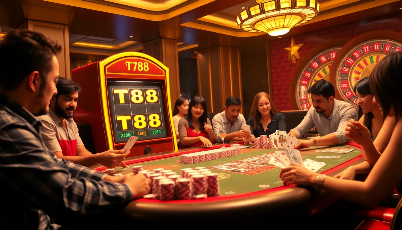Players enjoying the thrilling TT88 slot machine experience in a glamorous casino setting.