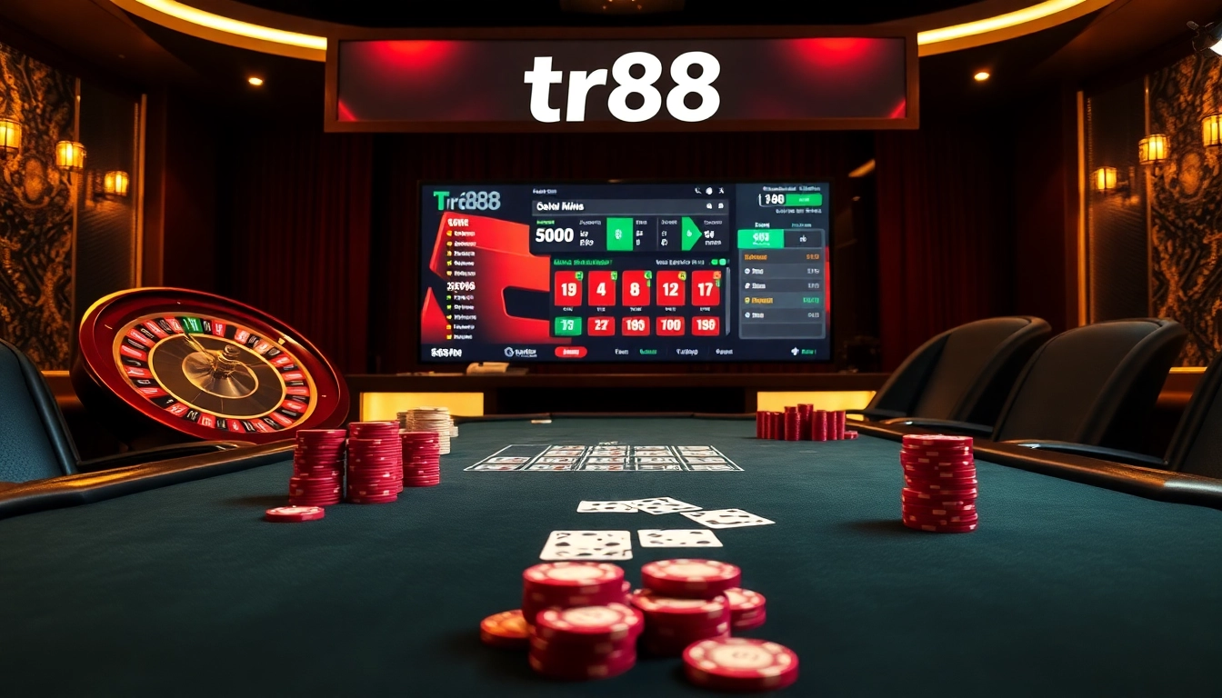 Experience professional gambling excitement at TR88's luxurious casino tables with vibrant chips and cards.