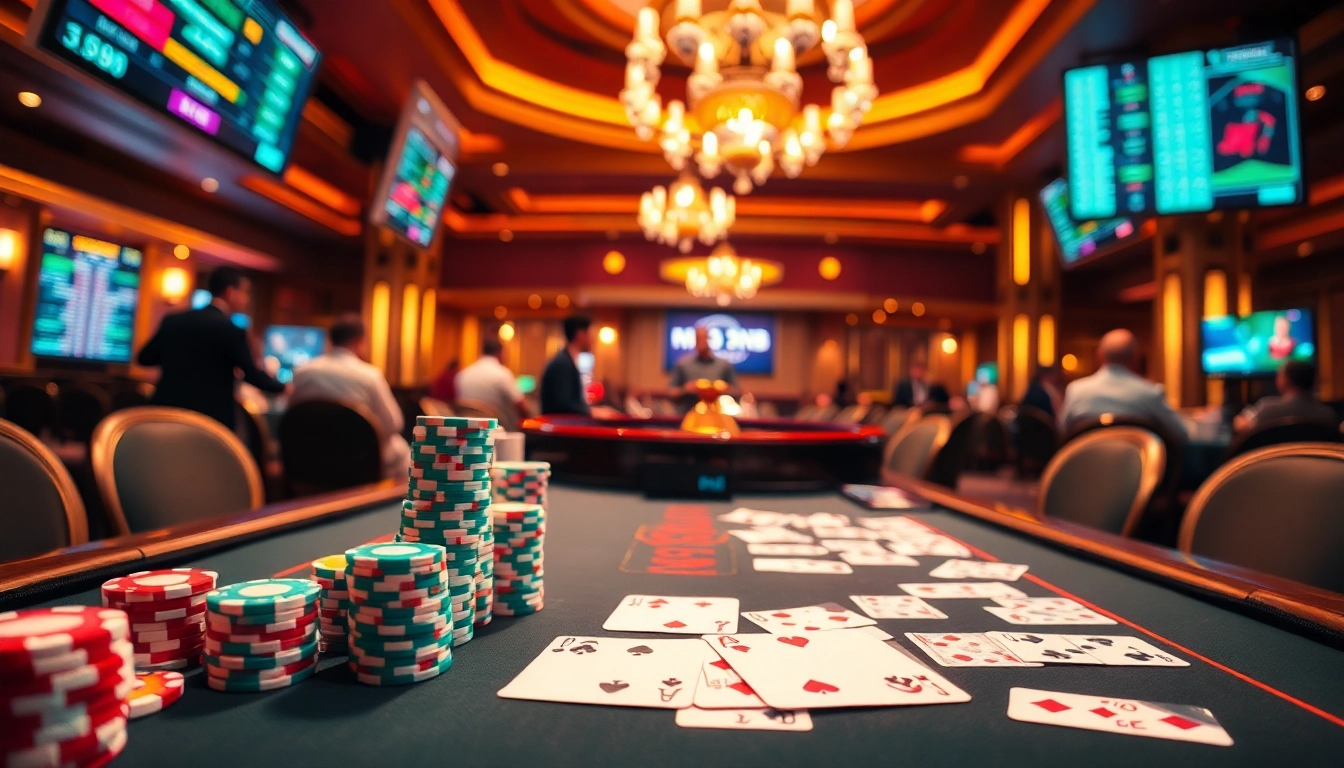 Experience thrilling gameplay at min88 com with poker chips and roulette in a vibrant casino.