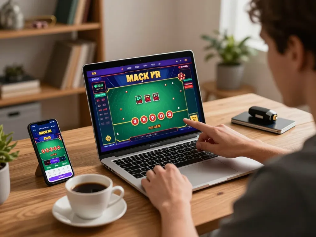 Player engaging with online poker game on laptop and smartphone, showcasing tr88 pics in an immersive casino environment