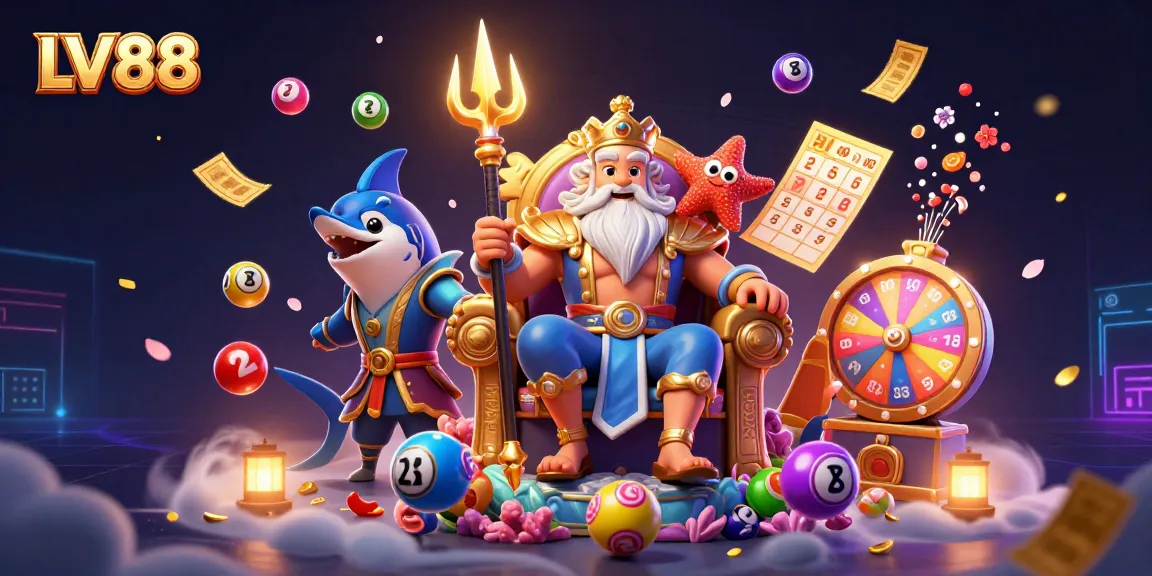 Experience thrilling wins at LV88 with the colorful lottery balls and exciting casino elements surrounding Neptune.