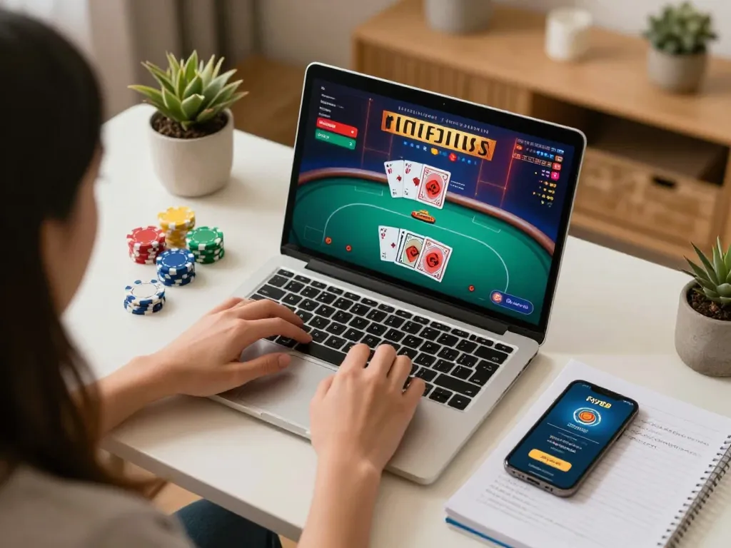 Experience thrilling online poker gameplay on the Fly88 platform with vibrant cards and chips during a home session.