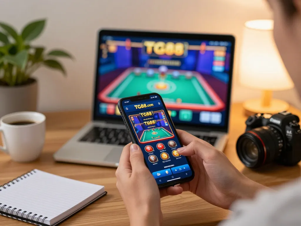 Engaging gameplay on Tg88.com app showcasing dynamic online gambling experience with smartphone and laptop.