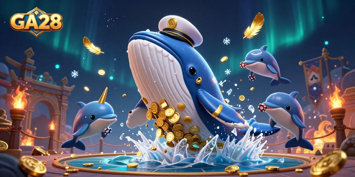 Experience the thrill of gambling with GA28, featuring a whale and playful dolphins in a vibrant casino scene.