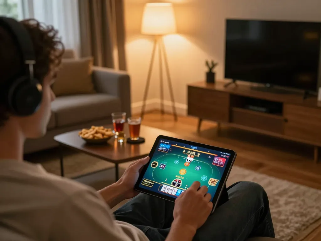 Engaging in a thrilling online poker game on a tablet while using the itwshow strategy notebook for winning tips.