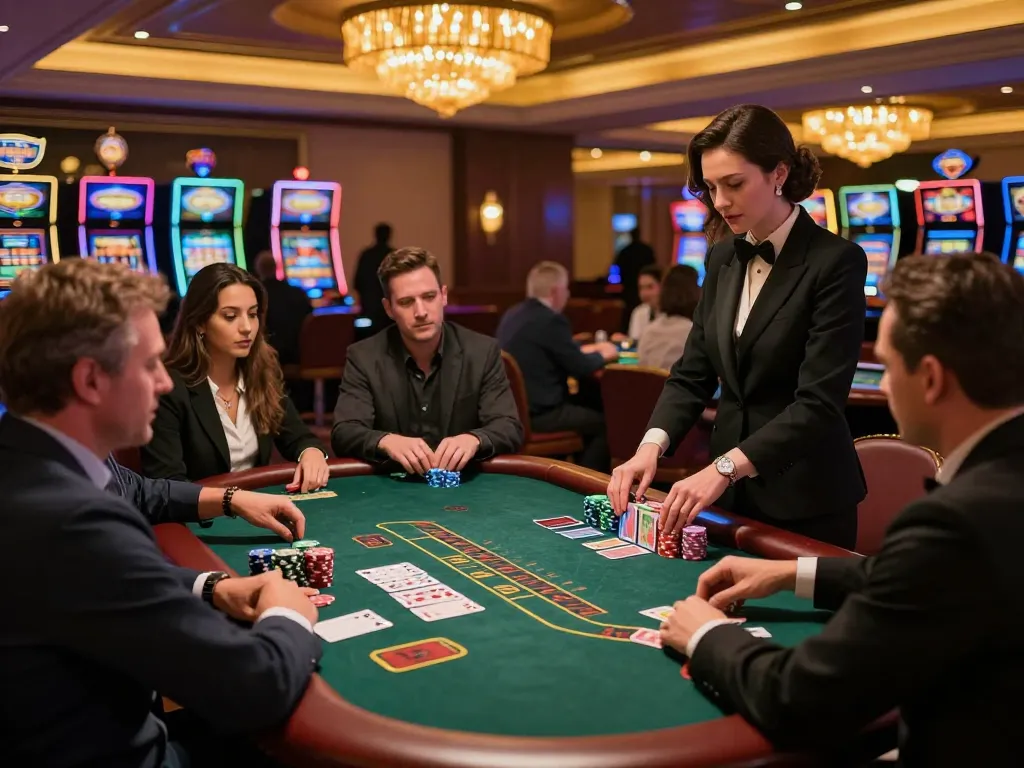 Players engaged in a thrilling blackjack game at a lively casino featuring Zowin strategies and bets.