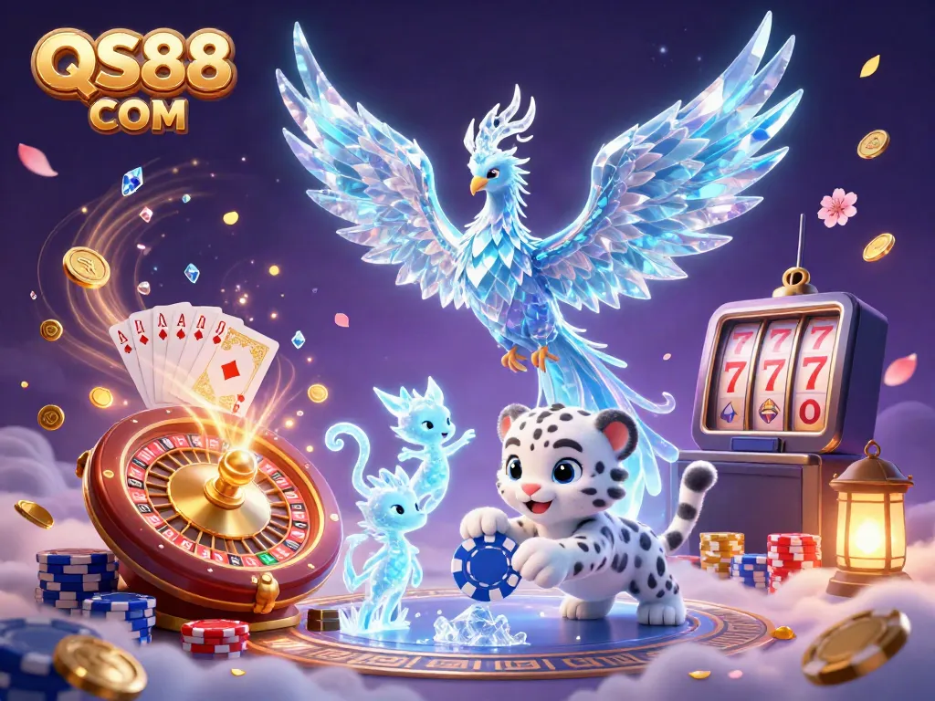Engage with QS88 COM’s vibrant casino scene featuring characters amidst golden coins and playing cards.