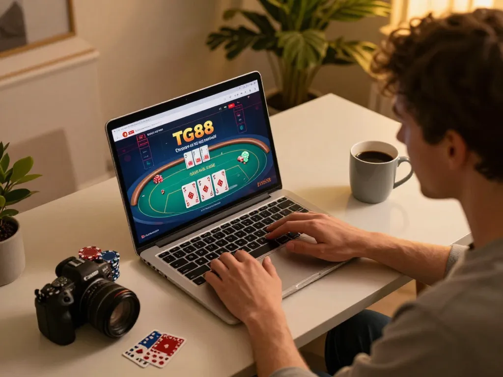 Player engaging in a TG88 online poker game on a laptop in a cozy home environment.