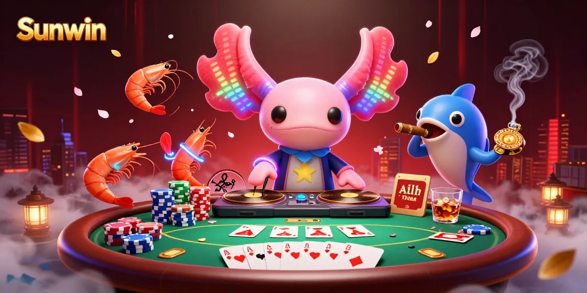 Engaging scene featuring Sunwin showcasing a neon axolotl DJ, poker elements, and lively sea creatures at a casino.