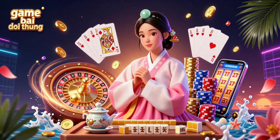 Engage in game bai doi thuong with a serene Asian woman and dynamic casino elements surrounding her.