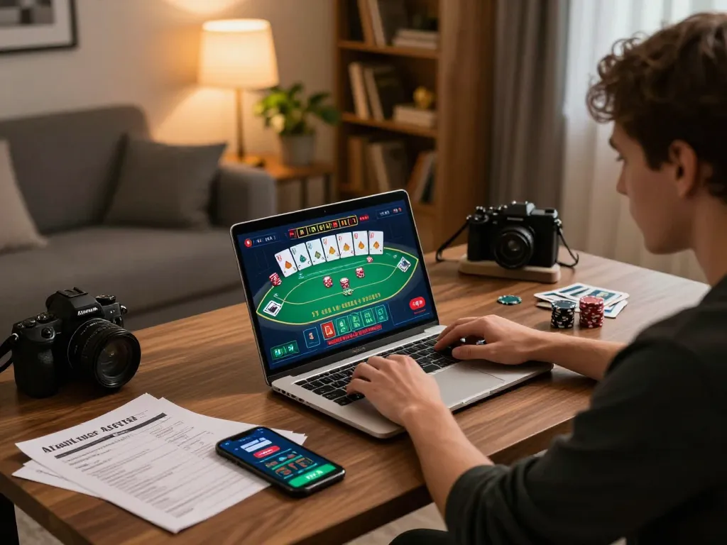Engaged player at nhà cái BL555 using laptop for online poker strategy with cozy atmosphere.