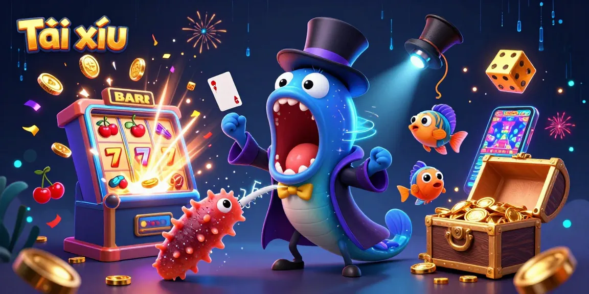 Tài xỉu game action with a bioluminescent eel and playful characters amidst a jackpot explosion
