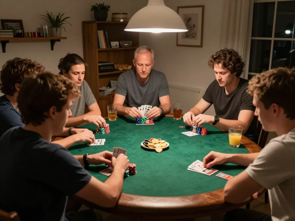 Players enjoying a friendly poker night at home, showcasing intense gameplay and social interaction around the table in an intimate setting.