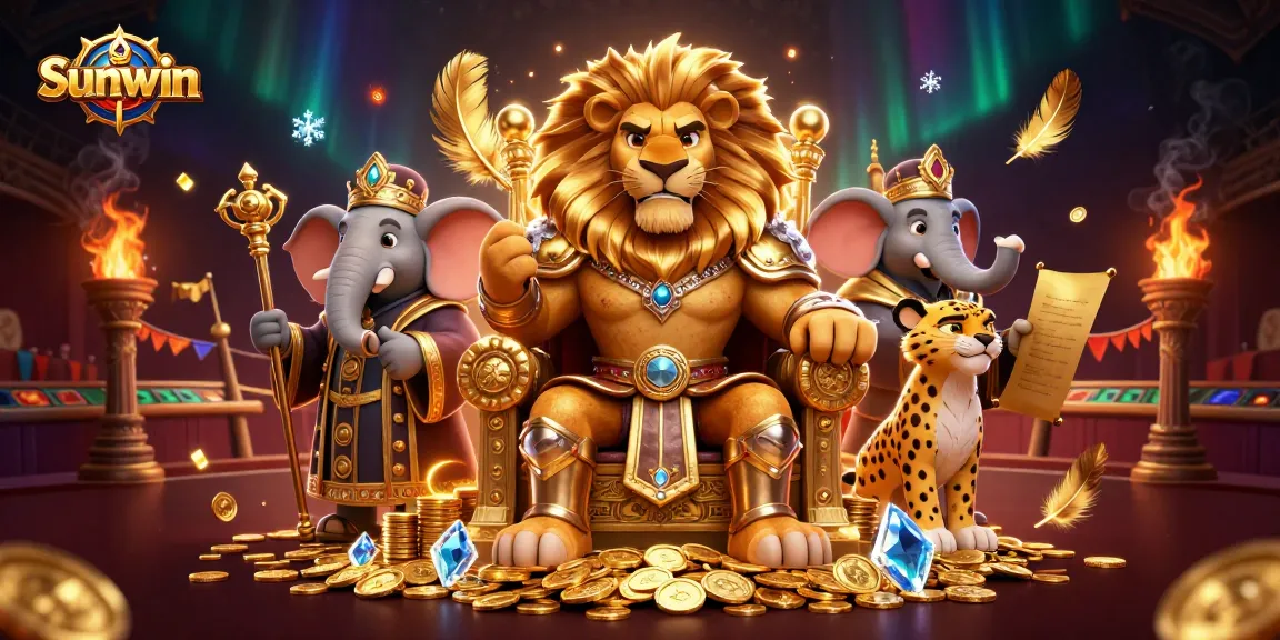 Sunwin invites players to bet at a vibrant casino with fierce characters and rich gold elements.