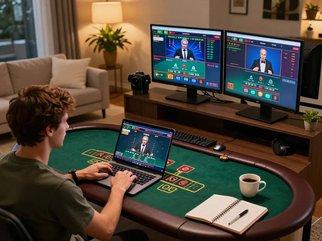 Player enjoying an exciting blackjack game on abc8go's online casino platform from a cozy living room