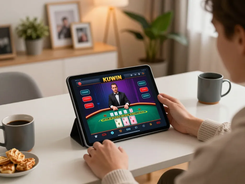 Kuwin player enjoying live dealer blackjack on tablet in cozy home office