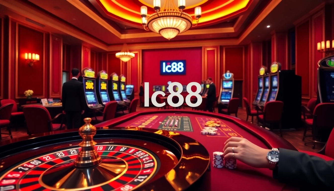 Exciting casino scene featuring lc88 poker chips and roulette wheels, perfect for gamblers.
