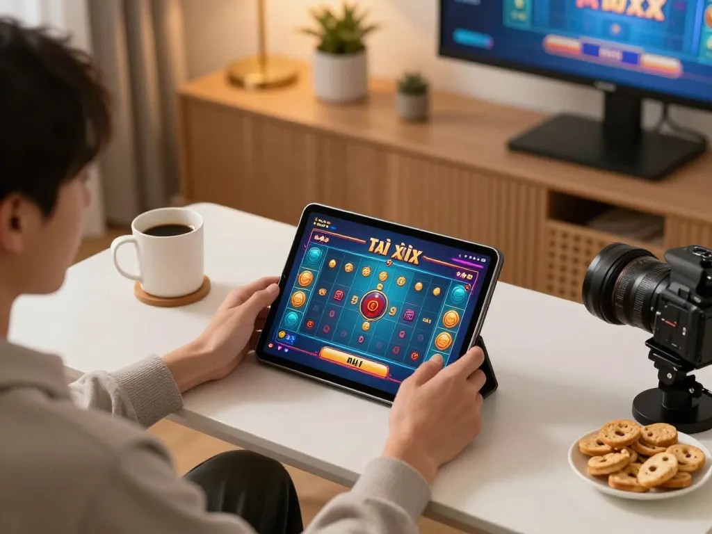 Tài xỉu online tablet gaming scene in a cozy home setup with engaging graphics