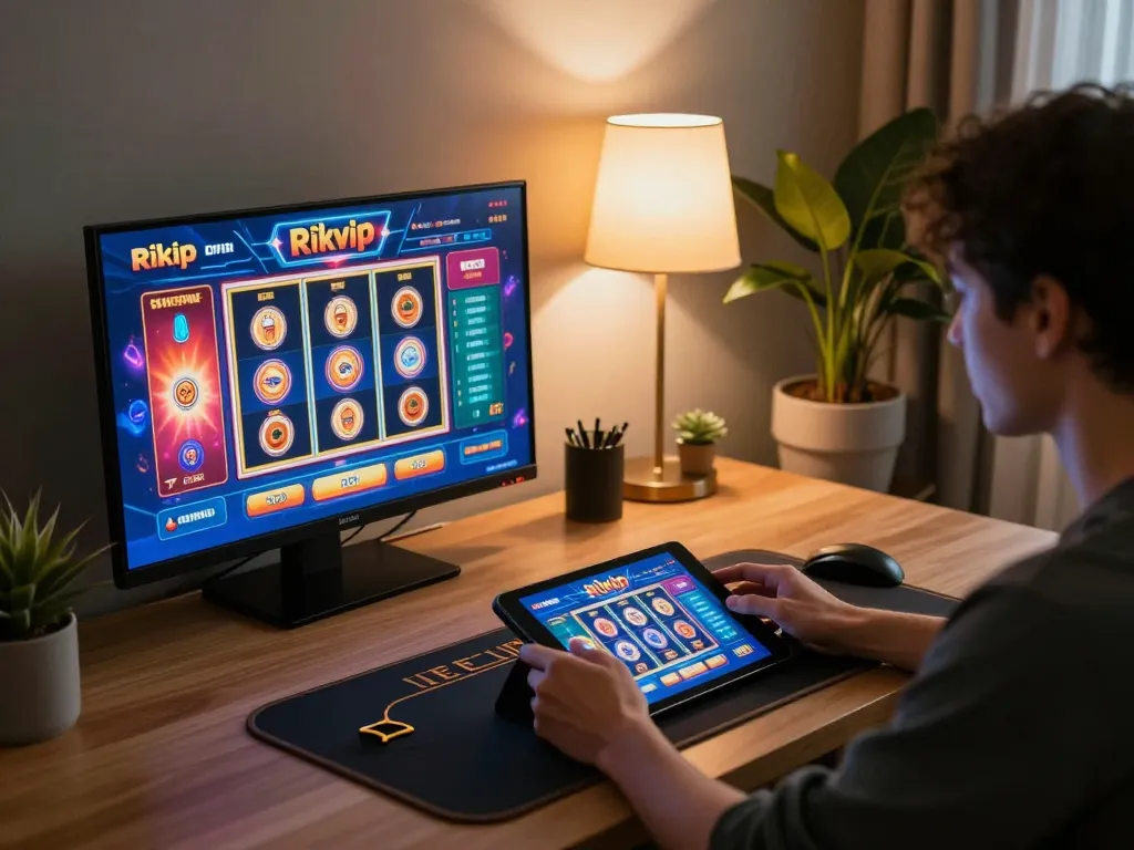 Engaging in online gaming at rikvip, showcasing exciting slots and poker gameplay in a cozy home setting