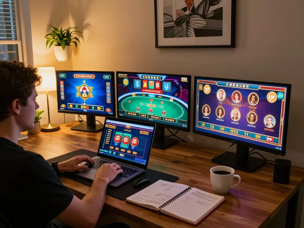 Player engaged in strategic online gaming at LV88, showcasing laptop gameplay and betting notes in a cozy home office