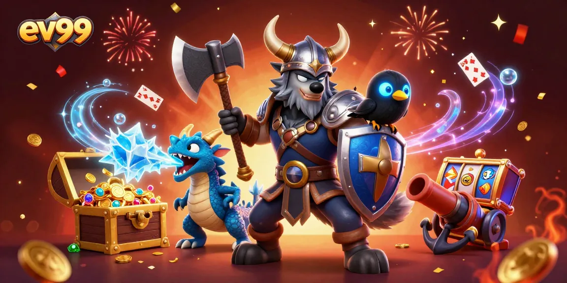 Experience thrilling action at ev99 with Viking warriors and magical creatures amidst dynamic casino elements.