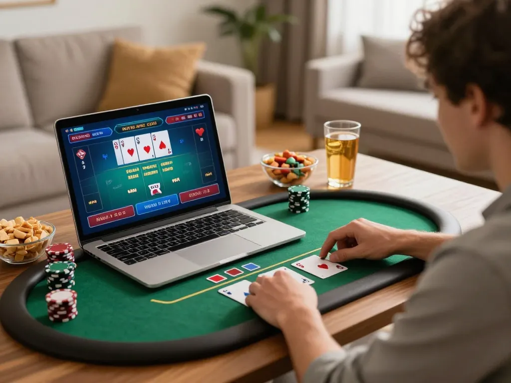Engaged player enjoying FB88 online poker game on laptop in cozy home setting.