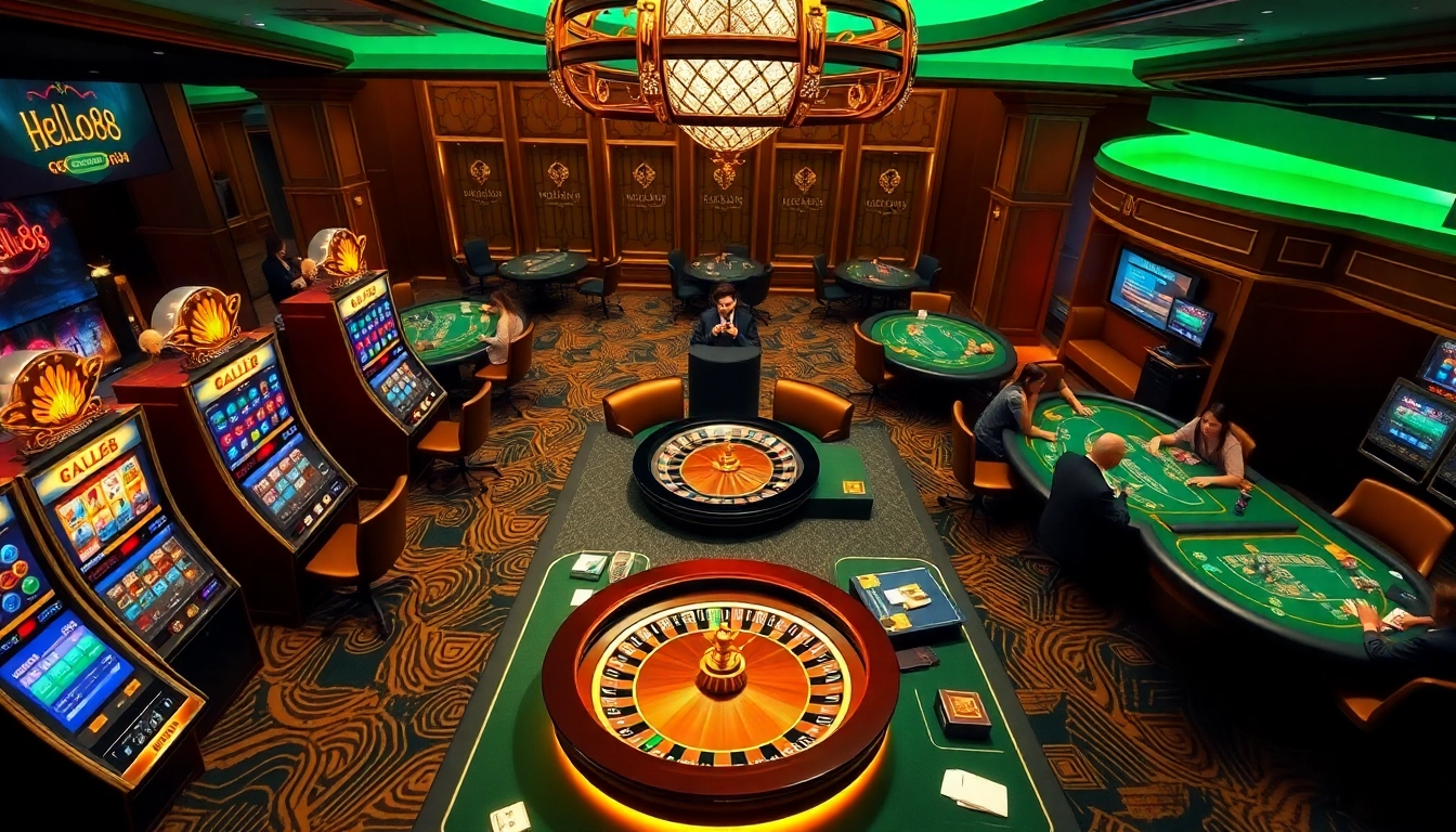 Exciting HELLO88 online casino scene with vibrant slot machines and a roulette wheel.
