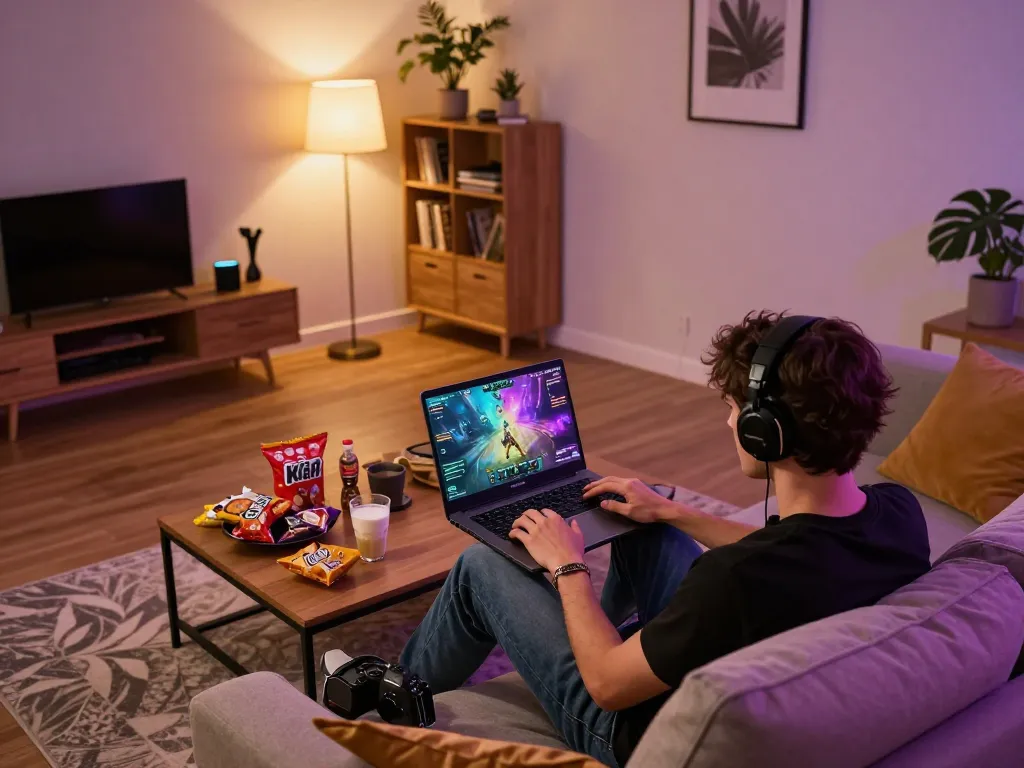 Engaging in Game 79king online from home, relaxing on the sofa with snacks and drinks nearby