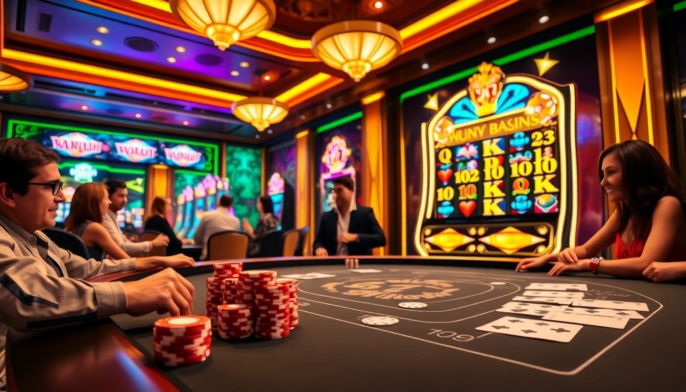 Win79 players engaging in an exciting poker game at a luxurious casino table.
