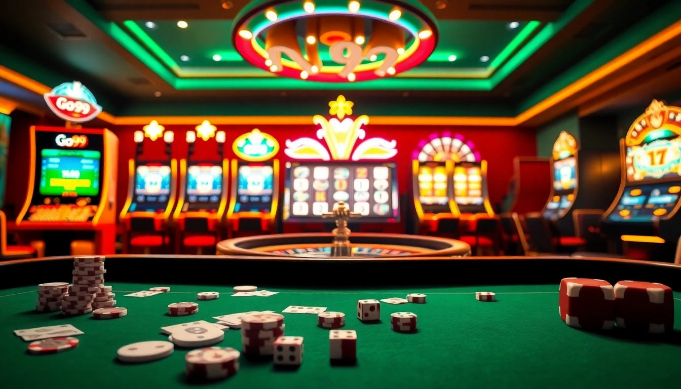 Experience thrilling wagers at Go99 with vibrant casino elements, poker chips, and roulette in action.