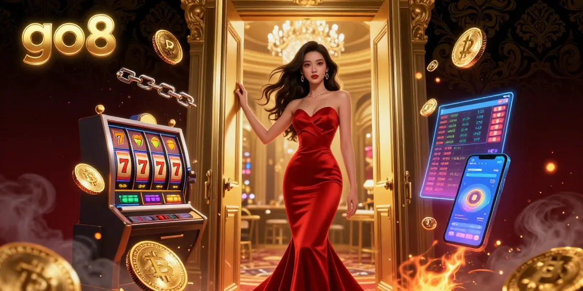 Experience the excitement at go8 casino with a neon-lit gateway featuring immersive slot games and crypto elements.