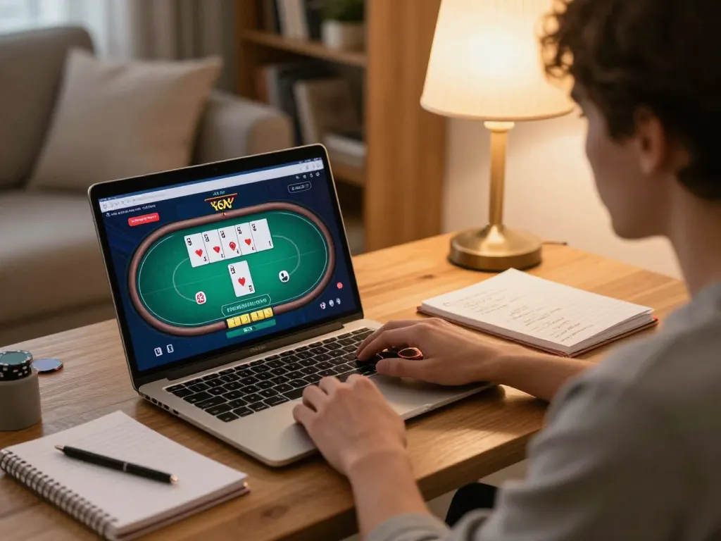Player immersed in an online poker game on LU88, showcasing strategy notes beside a laptop