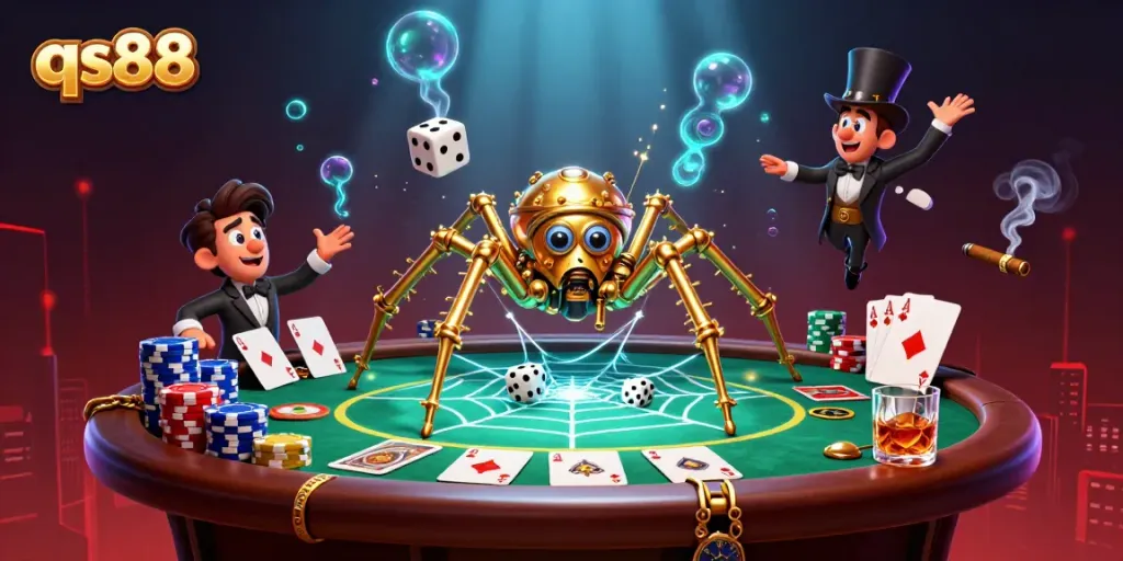 Engage with the qs88 online casino scene featuring a steampunk spider catching dice, vibrant poker details.