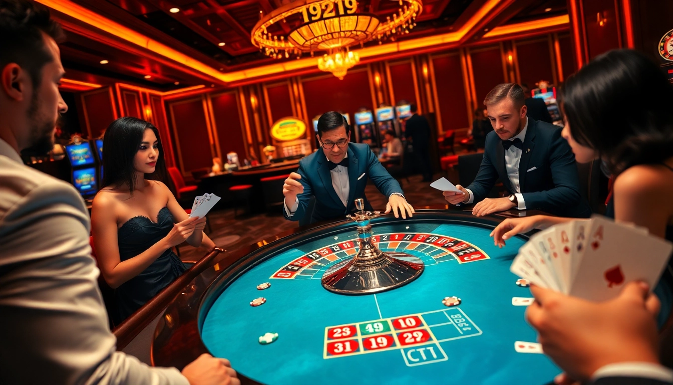 Players at a roulette table experiencing thrilling gameplay at https://bem88.com in a luxurious casino setting.