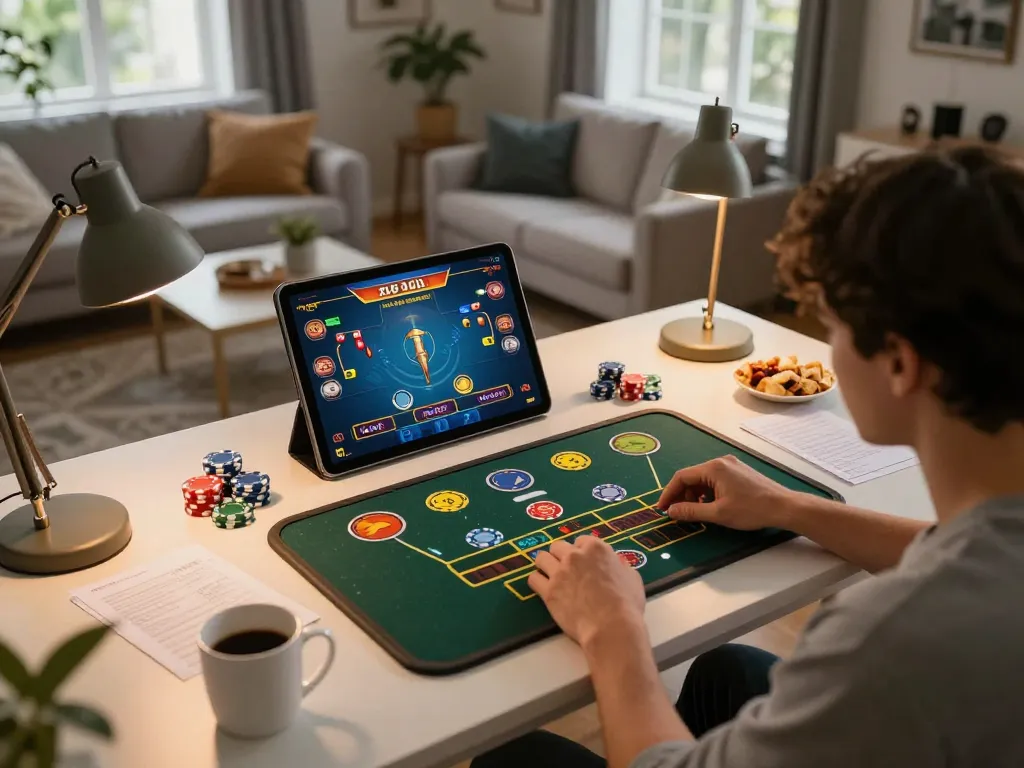 xóc đĩa online gameplay on a tablet in a cozy home setting with vibrant scene details