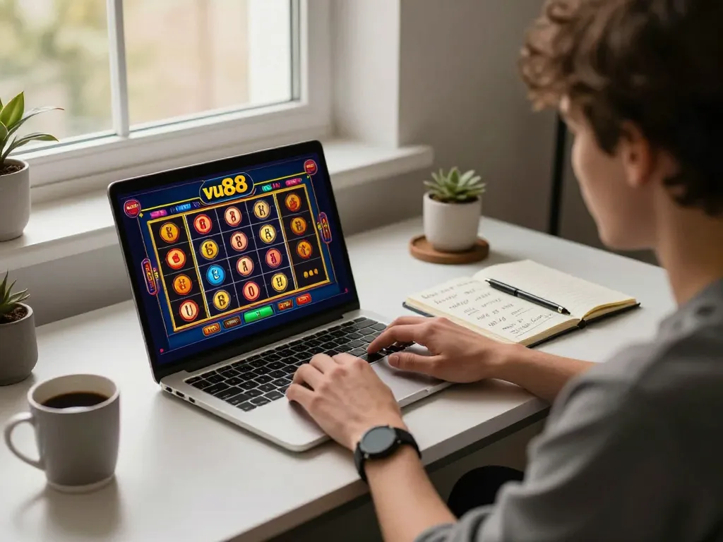 Engaging online gaming experience at vu88 with a player using a laptop to spin slots.