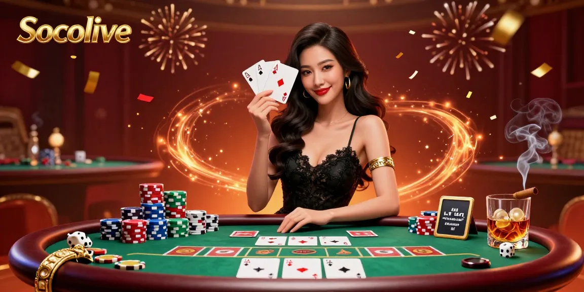 Socolive offers a thrilling gambling experience with a stylish woman holding ace cards in a luxury casino scene.