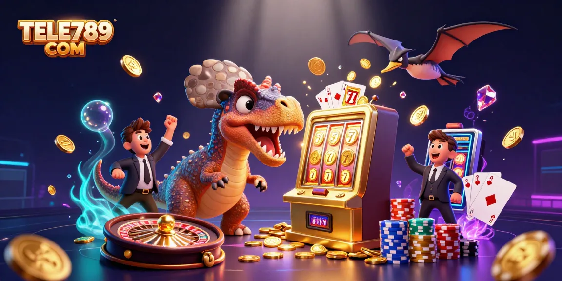 Engage with TELE789 COM's thrilling casino experience as a pachycephalosaurus wins jackpots amidst flying coins.