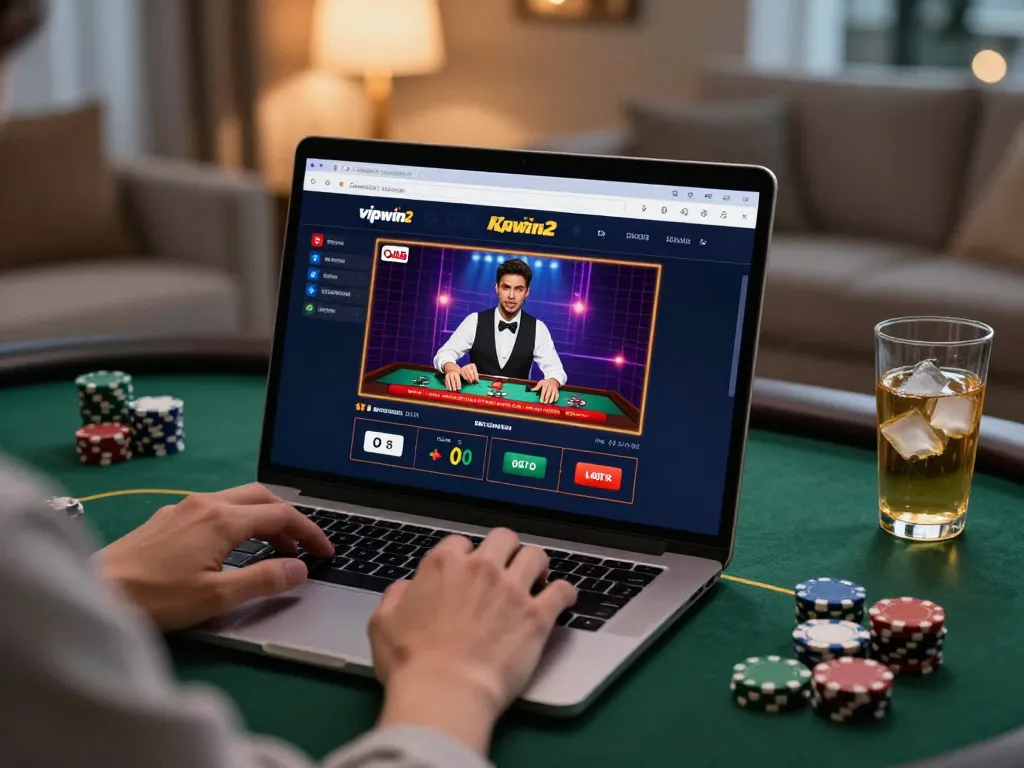 Engaged user playing online with vipwin2 casino interface on laptop, showcasing a modern gaming setup