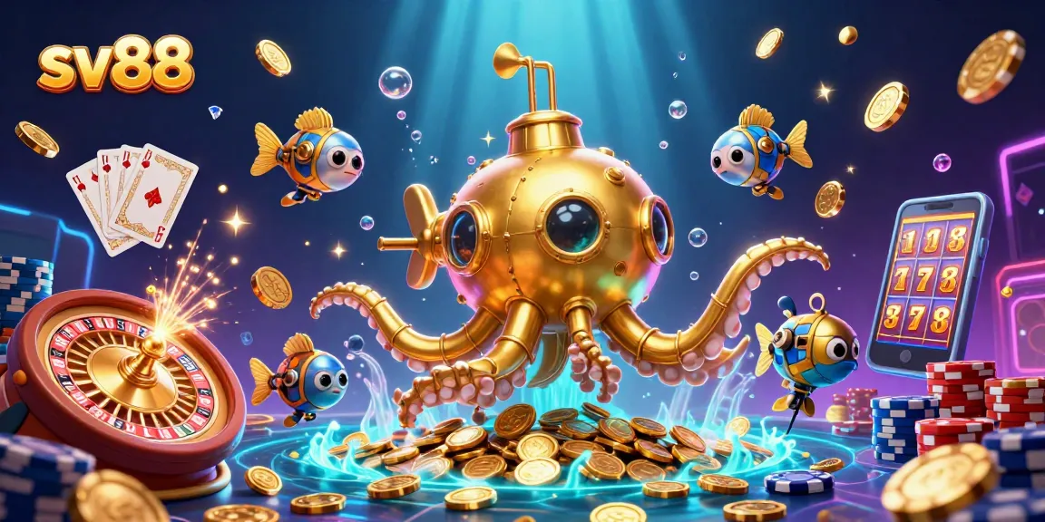 Experience sv88 with an energetic underwater casino scene featuring a golden kraken and vibrant gameplay elements.