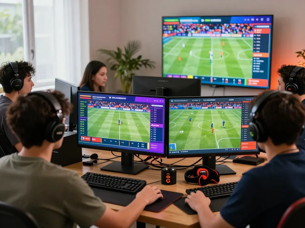 Engaging sports betting setup at https://vaobong1gom.us.com/ with dynamic live match displays and enthusiastic bettors.