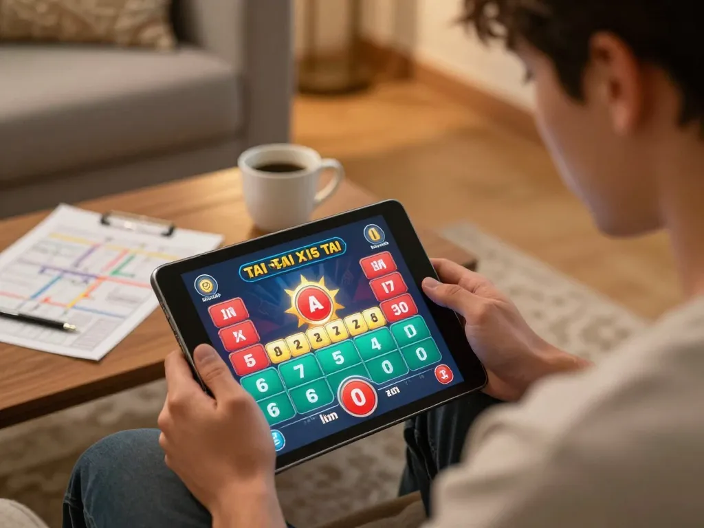 Engaging in tai xiu online game on a tablet in a cozy living room, showcasing personal strategy.