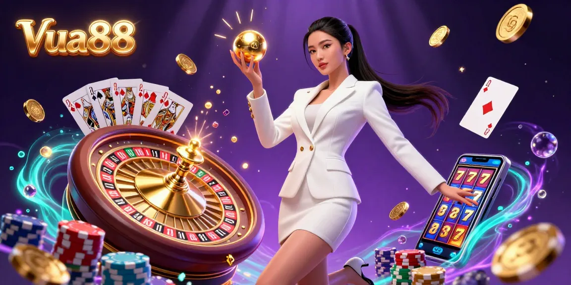 Experience the thrilling casino atmosphere at Vua88 with stunning visuals of roulette and poker elements.