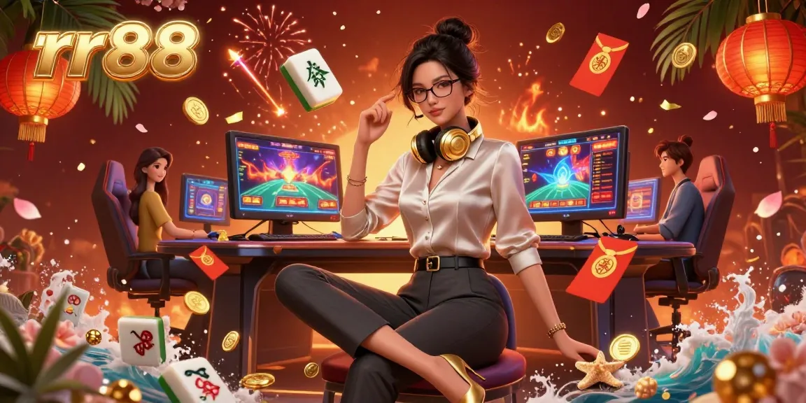 Experience thrilling gameplay at rr88 with an elegant Asian woman immersed in a vibrant casino world.