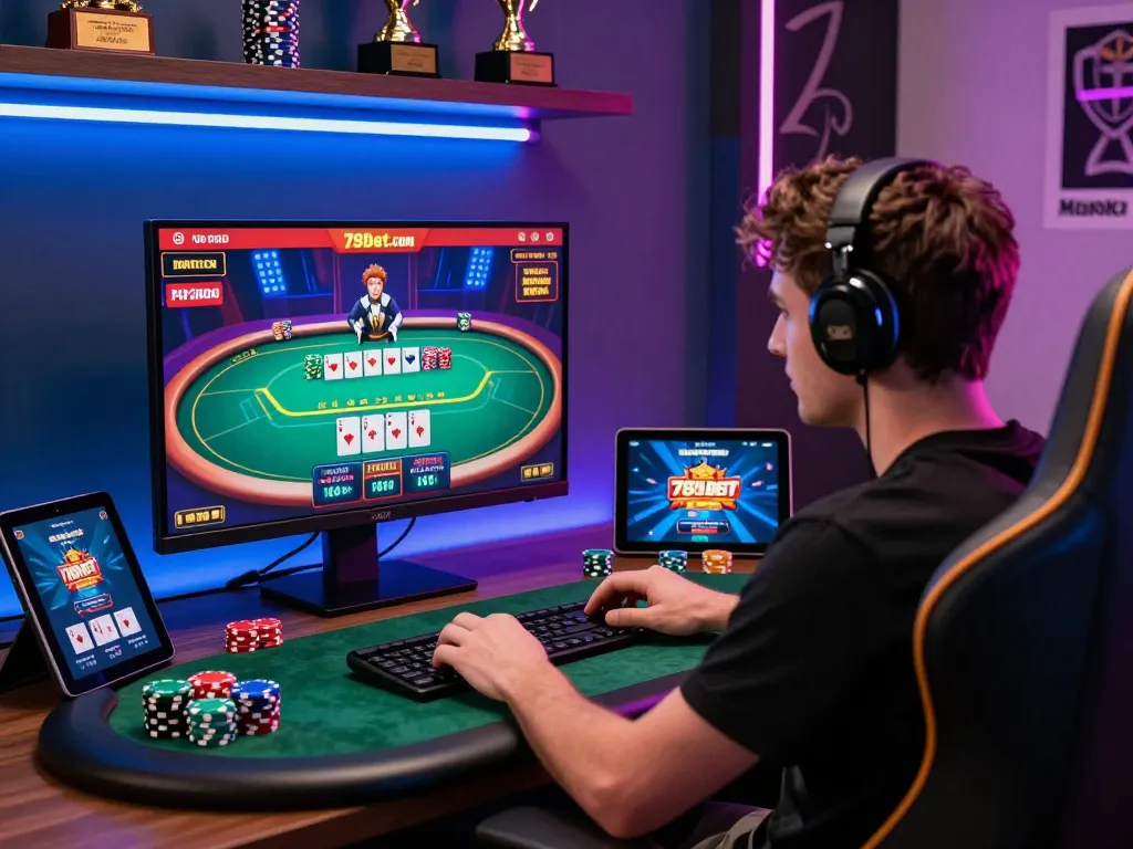 Engaging scene of a player enjoying poker on 789bet.com, showcasing vibrant graphics and gaming accessories.